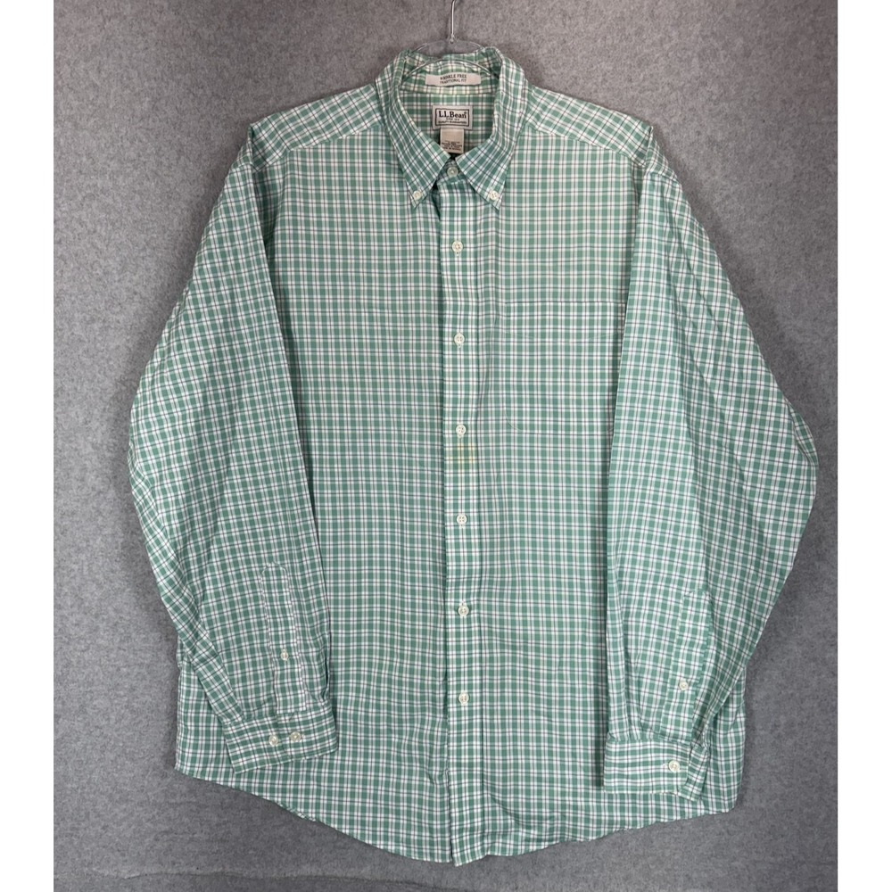 LL Bean Shirt Mens Large Green Plaid Wrinkle Free‎ Traditional Fit Button Down